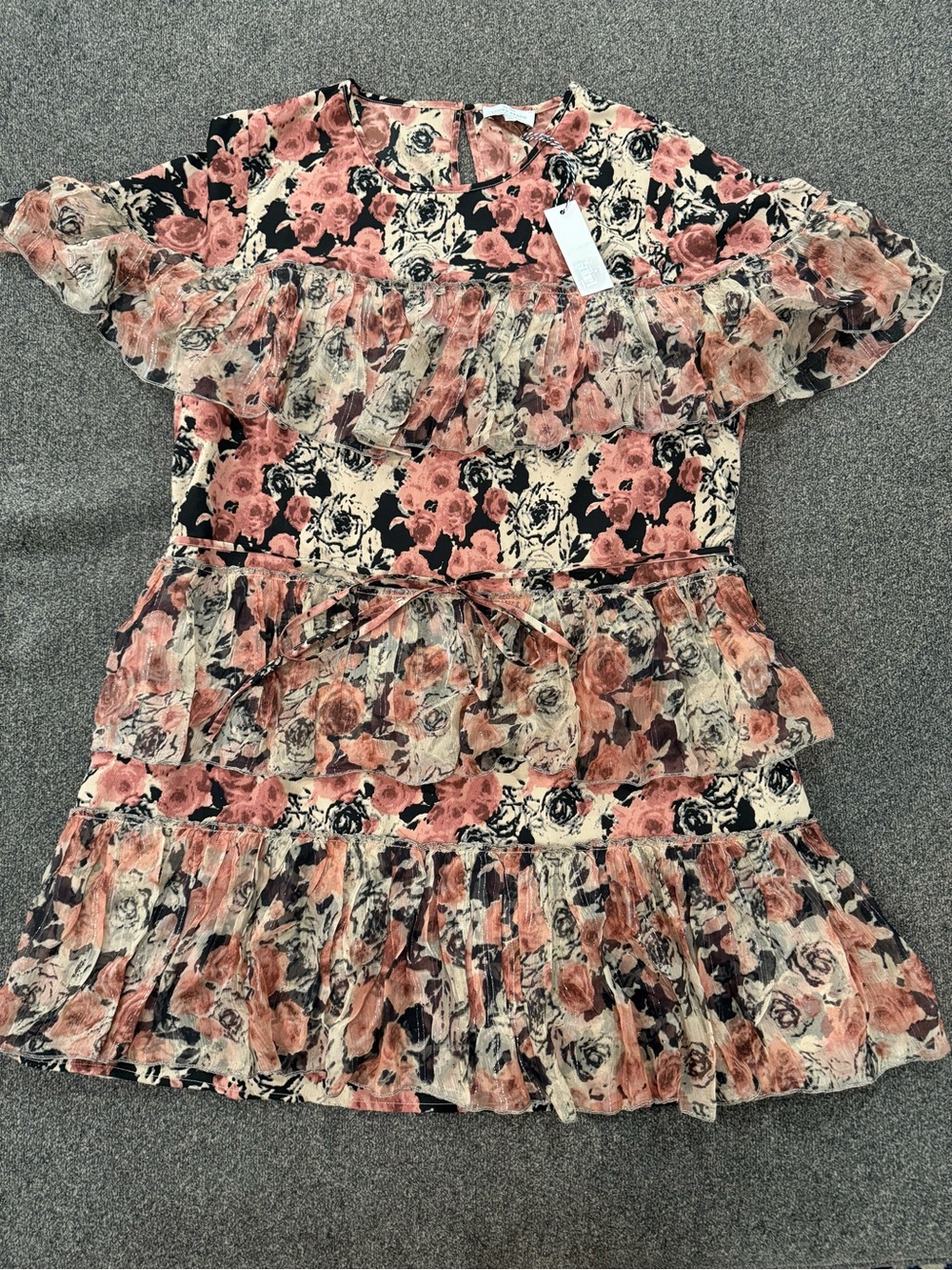 NWT Lucky Brand Floral Ruffle Tiered Dress in Pink & Cream